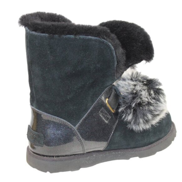 UGG Isley Shearling Lined Pom-Pom Black Shimmer Slip-On Tall Ankle Boot, Size 5 - Picture 7 of 9